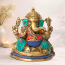 Handmade Brass "Ganesha" Statue With Semi-Preciuos Stone Overlay