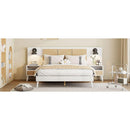 Queen Size Solid Wood Bed Frame with 2 Nightstands, Elegant Design with Lamps, Rattan and Wood Combination,White