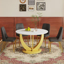 Table and chair set.Luxurious Snow Mountain White Slab Round Dining Table Set - 47'x47' with 4 Black PU Chairs with Simple Line Designs On The Backrest .Golden Metal Legs.