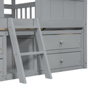 Full Size House Loft Bed with Roof, Windows,4 Storage Drawers,Pine Wooden Bed with Safety Guardrails,Ladder,Grey
