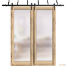 Planum 2102 Oak Double Barn Door with Frosted Glass and Black Bypass Rail