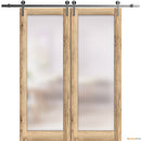 Planum 2102 Oak Double Barn Door with Frosted Glass and Silver Rail