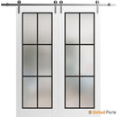 Lucia 2366 White Silk Double Barn Door with Clear Glass and Silver Rail