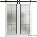 Lucia 2366 White Silk Double Barn Door with Clear Glass and Black Rail