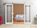 Lucia 2266 White Silk Double Barn Door with Clear Glass and Silver Finish Rail