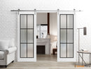 Lucia 2366 White Silk Double Barn Door with Clear Glass and Silver Rail
