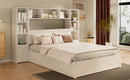 Queen Size Pine Wood Platform Bed with All-In-One 2 Nightstand, Storage Shelf and Cabinet Bookcase with 2 Charging Stations, Multi-Functional Captain Bed Frame with 3 Drawers, No Box Spring Needed