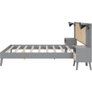 Queen Size Solid Wood Bed Frame with 2 Nightstands, Elegant Design with Lamps, Rattan and Wood Combination,Gray
