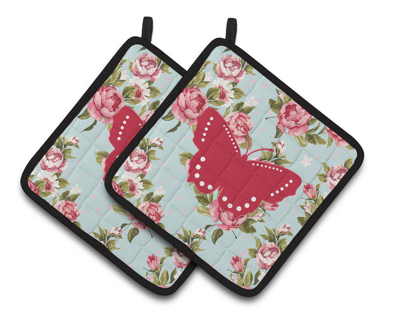 Butterfly Shabby Chic Blue Roses   Pair of Pot Holders BB1033-RS-BU-PTHD