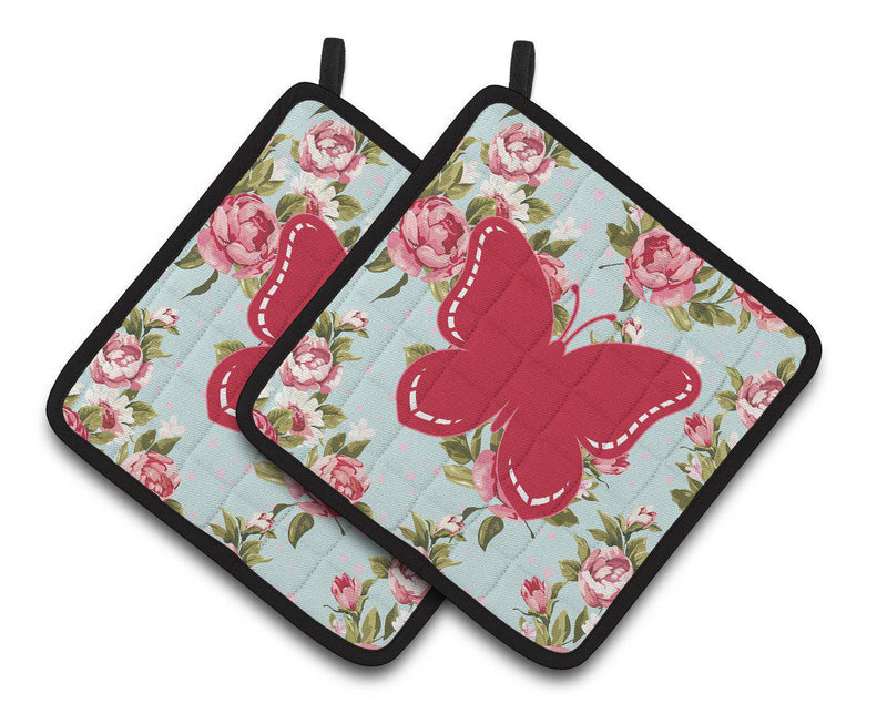 Butterfly Shabby Chic Blue Roses   Pair of Pot Holders BB1035-RS-BU-PTHD