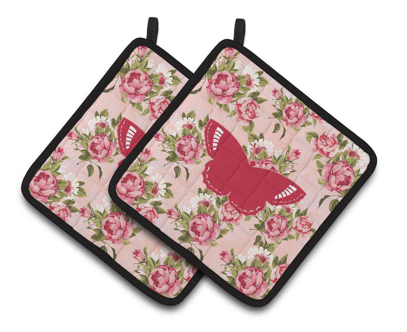 Butterfly Shabby Chic Pink Roses  Pair of Pot Holders BB1029-RS-PK-PTHD