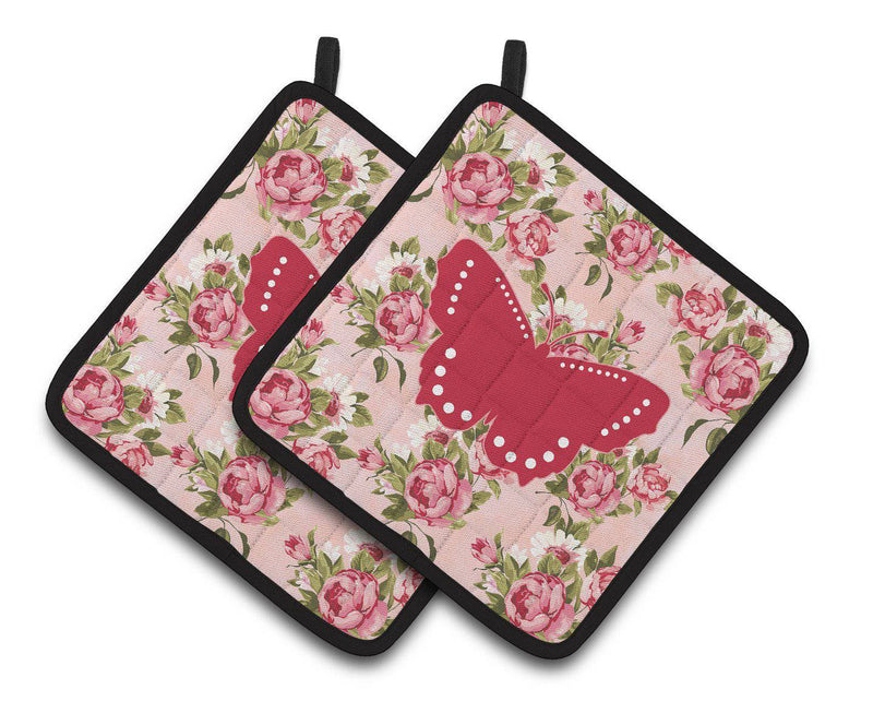 Butterfly Shabby Chic Pink Roses  Pair of Pot Holders BB1033-RS-PK-PTHD