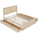Queen Size Wood Storage Platform Bed with 4 Drawers, Rattan Headboard, Nature