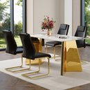 Table and chair set.63'x31.5x30' Luxurious Pandora patterned Sintered Stone Tabletop with Golden Stainless Steel Butterfly Legs.Paried With 4 Black High-quality PU Chairs With Arched Metal Legs.