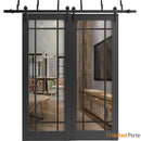 Lucia 2266 Matte Black Double Barn Door with Clear Glass and Black Bypass Rails