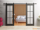 Lucia 2366 Matte Black Double Barn Door with Clear Glass and Black Rail