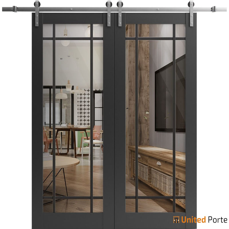 Lucia 2266 Matte Black Double Barn Door with Clear Glass and Silver Rail