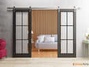 Lucia 2366 Matte Black Double Barn Door with Clear Glass and Silver Rail