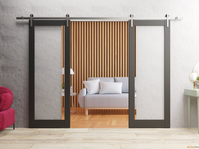 Lucia 2166 Matte Black Double Barn Door with Clear Glass and Silver Rail