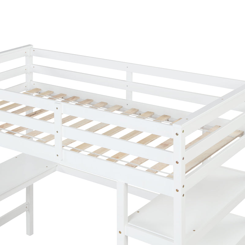 Twin Loft Bed with desk, ladder, shelves, White