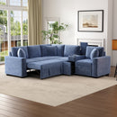 L-shaped Convertible Sofa Bed with Pull-Out Bed, Cup Holders, and Storage Space, Blue Chenille, 120.5'