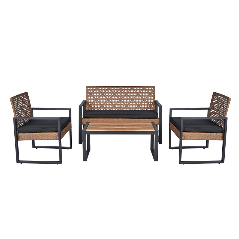 Walker Edison - 4-Piece Patio Furniture Set Outdoor Balcony Porch Garden Backyard Lawn Furniture Acacia Wood Table Top, Modern Black and Light Brown