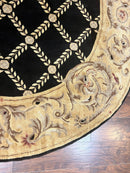 Oval Tibetan Rug 8x10, French Aubusson Design, Wool Handmade Vintage Carpet, Black & Beige, Soft Wool Pile
