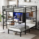 Full XL Over Twin Metal Bunk Bed with Folding Desk, Closet with LED ,Space-Saving/Noise Reduced, Black