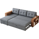 Upholstered Pull Out Sectional Sofa with Storage Chaise, Convertible Corner Couch, Light Grey-Wooden handrail
