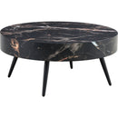 31.5' Black Marble-Patterned MDF Round Coffee Table with black Metal Legs.Adjustable Feet,Coffee table,Round Table Design,MDF Material,Black Marble Pattern.