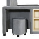 Queen Size Upholstered Grounded Bed, Mother & Child Bed with Bedside Desk and Little Round Stool, Velvet, Gray
