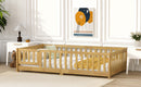 Twin Size Floor Bed with Fence and Door,Rubber Wood Floor Bed with Safety Guardrails,Natural