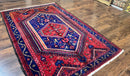 Persian Tribal Rug 5x7, Wool Handmade Vintage Hamadan Nahavand Carpet, Red & Navy Blue, Animal Motifs, Geometric Oriental Rug 5 x 7