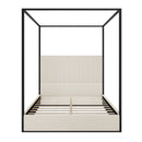 Modern Luxury Metal Canopy Bed with Tall Corduroy Upholstered Headboard, No Box Spring Needed, Queen, White