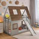 Cozy and Fun Wood Twin Size House Bunk Bed with Window Roof Shape Design with Ladder and Climbing Ramp, Brown+Gray