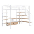 Full Size Metal Loft Bed with Staircase,Low Storage Table and Storage Shelves,White
