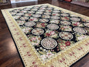 9x12 Black Needlepoint Rug, European Floral Panel Design, Handwoven, Vintage Chinese Needlepoint, Black Green Beige, Wool Rug 9 x 12