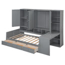 Twin Size Wooden Daybed With Three Drawers, and All-in-One Cabinet, Desk and Shelves, Gray
