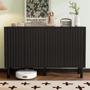 ON-TREND Minimalist Shoe Cabinet with 5 Solid Wood Legs, Cream Style Sideboard Buffet Cabinet with Fluted Doors, Large 4-Door Storage Cabinet with Adjustable Shelves for Living Room, Black, 55.1*13.7'