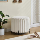 Beige Upholstered Round Pouf Ottoman Foot Rest with Black Metal Legs, Faux Fur, 22.05' Wide
