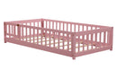 Twin size Floor Platform Bed with Fence and Door ,Pink