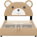 Full Size Upholstery Platform Bed Frame with Cute Bear Shaped Headboard and Two Storage Drawers,Brown