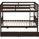 full Over full Rubber Wood Bunk Bed with 2 Drawers, Convertible into 2 full Beds, full Size Bunk Bed with Ladder and Safety Guardrails ,Espresso