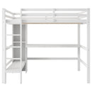 Full Size Loft Bed with Multifunction Shelves and Under-bed Desk, White