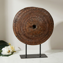 Ranch Style Late 1800s Antique Wooden Carved Wheel On Display Stand