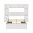 Full Size Pine Wood Platform Bed with All-In-One 2 Nightstand, Storage Shelf and Cabinet Bookcase with 2 Charging Stations, Multi-Functional Captain Bed Frame with 3 Drawers, No Box Spring Needed