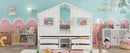 Full Size House Loft Bed with Roof, Windows,4 Storage Drawers,Pine Wooden Bed with Safety Guardrails,Ladder,White