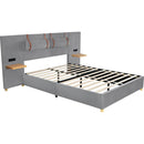 Queen Upholstered Platform Bed, Two Outlets and USB Charging Ports on Both Sides, Two Bedside Pillows, Storage Shelves, Velvet,Gray