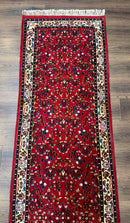 Indo Persian Sarouk Runner Rug 3 x 12, Red and Cream, Allover Pattern, 12ft Runner, Hand Knotted