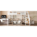 Full Size Metal Loft Bed with Staircase,Low Storage Table and Storage Shelves,White